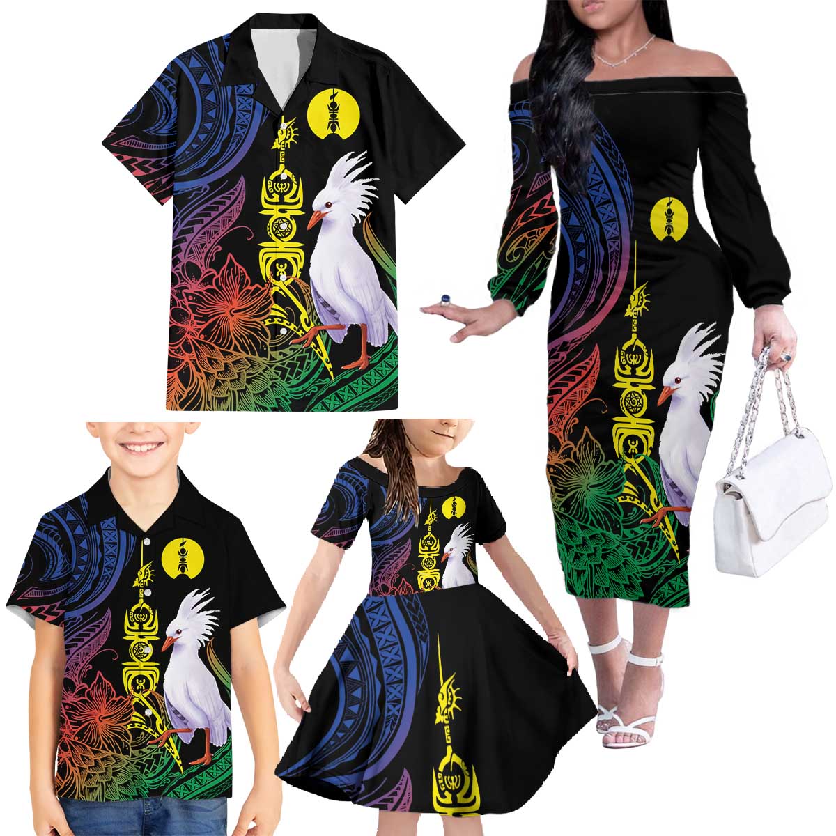 New Caledonia Kanaky Personalized Family Matching Off The Shoulder Long Sleeve Dress and Hawaiian Shirt Fleche Faitiere Mix Kagu LT7 - Polynesian Pride