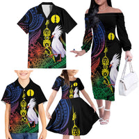 New Caledonia Kanaky Personalized Family Matching Off The Shoulder Long Sleeve Dress and Hawaiian Shirt Fleche Faitiere Mix Kagu LT7 - Polynesian Pride