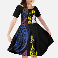 New Caledonia Kanaky Personalized Family Matching Off Shoulder Maxi Dress and Hawaiian Shirt Fleche Faitiere Mix Kagu LT7 Daughter's Dress Colorful - Polynesian Pride