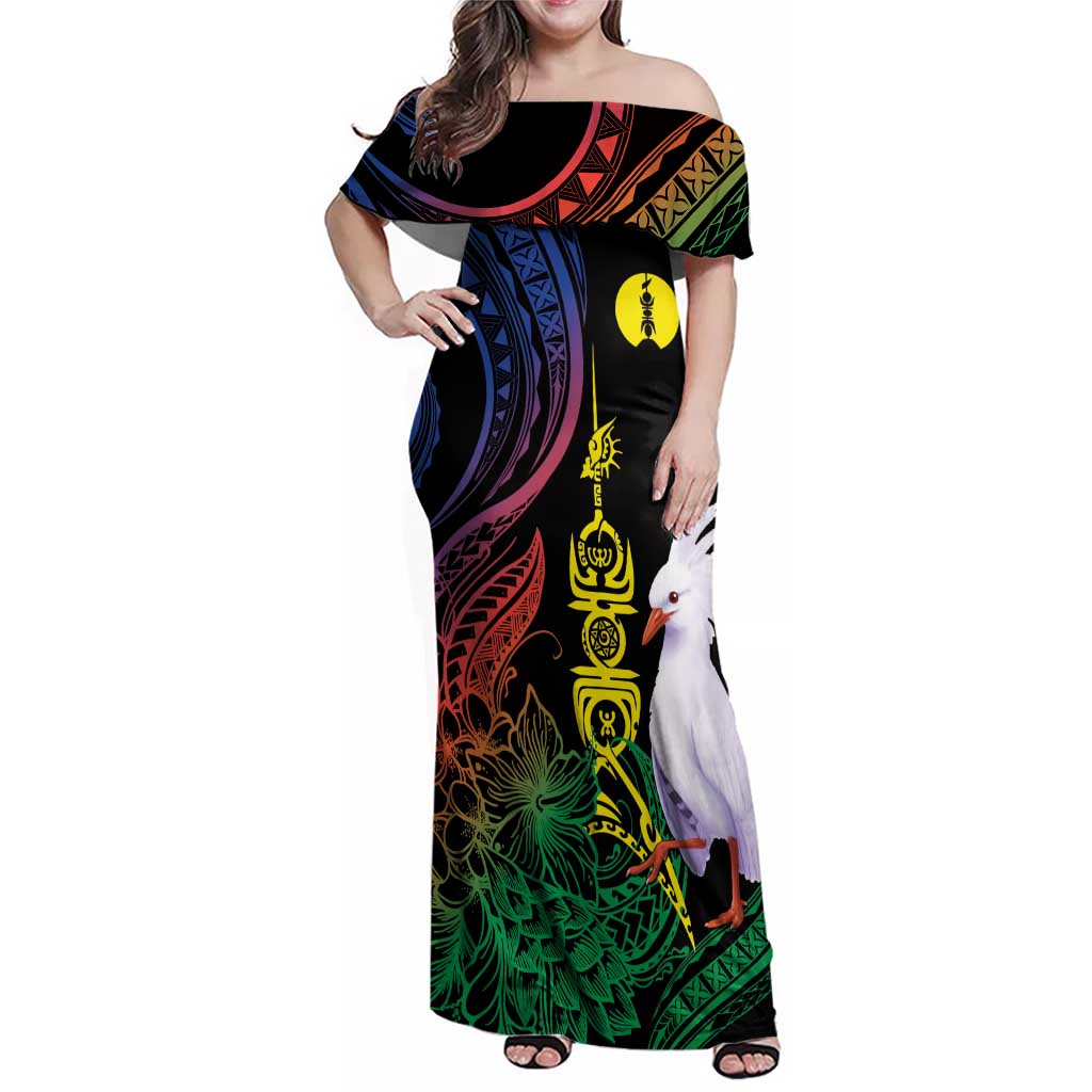 New Caledonia Kanaky Personalized Family Matching Off Shoulder Maxi Dress and Hawaiian Shirt Fleche Faitiere Mix Kagu LT7 Mom's Dress Colorful - Polynesian Pride
