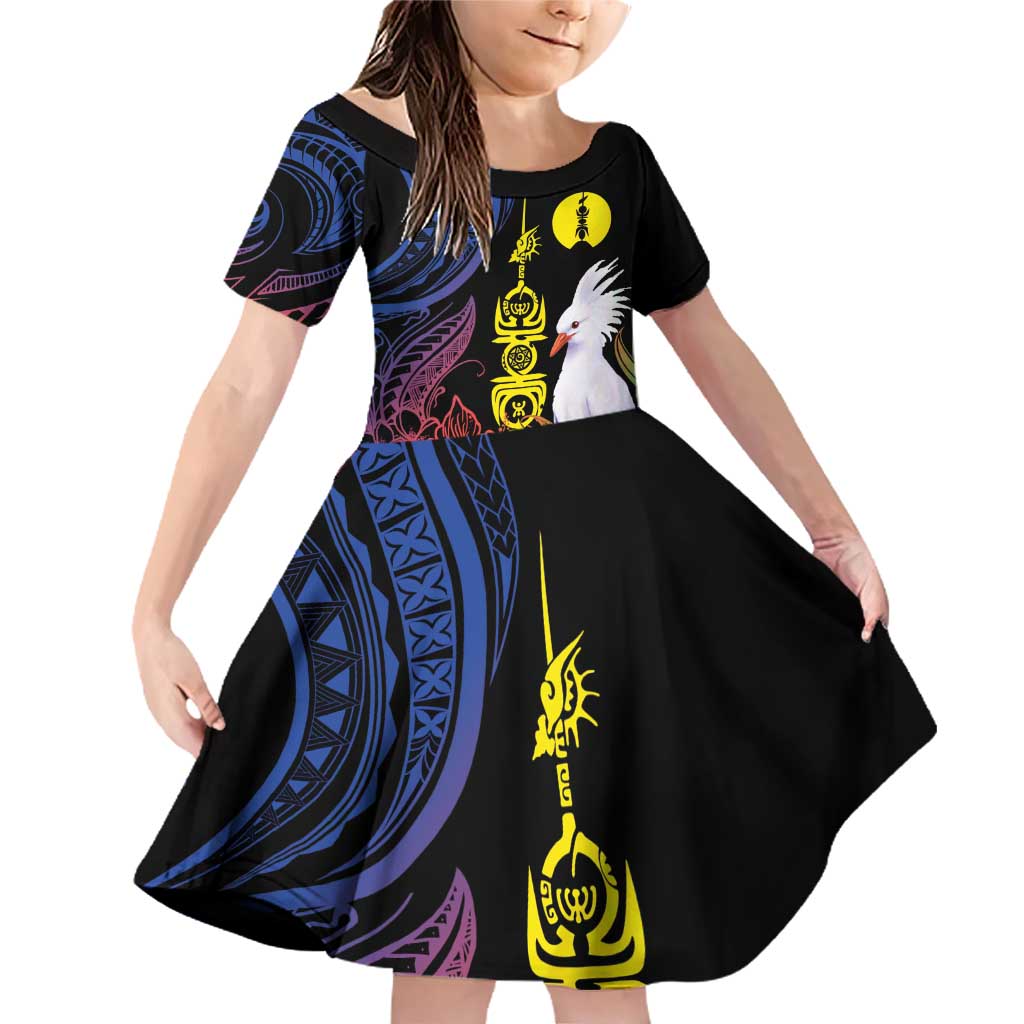 New Caledonia Kanaky Personalized Family Matching Off Shoulder Short Dress and Hawaiian Shirt Fleche Faitiere Mix Kagu LT7 Daughter's Dress Colorful - Polynesian Pride
