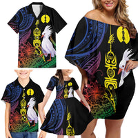 New Caledonia Kanaky Personalized Family Matching Off Shoulder Short Dress and Hawaiian Shirt Fleche Faitiere Mix Kagu LT7 - Polynesian Pride
