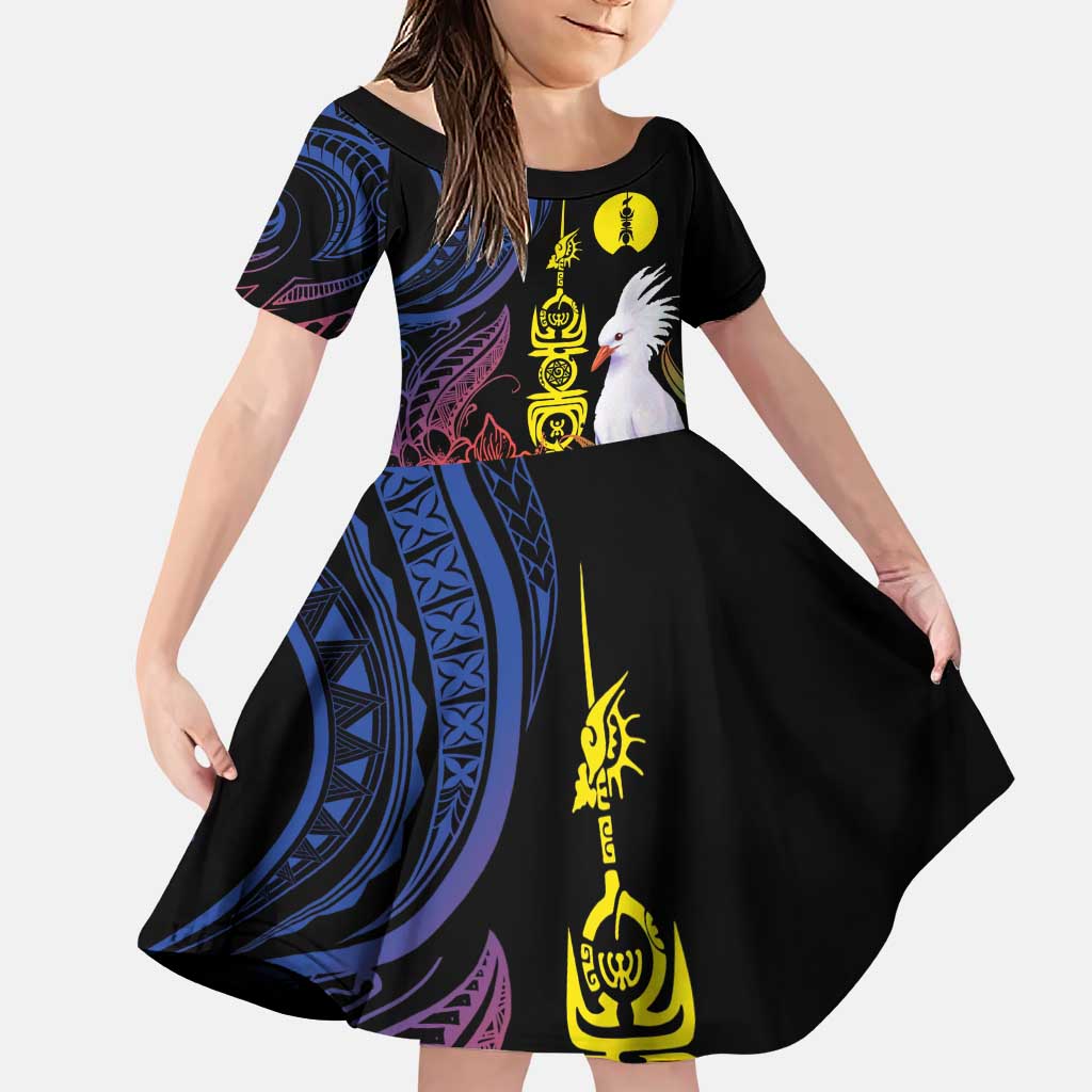 New Caledonia Kanaky Personalized Family Matching Puletasi and Hawaiian Shirt Fleche Faitiere Mix Kagu LT7 Daughter's Dress Colorful - Polynesian Pride