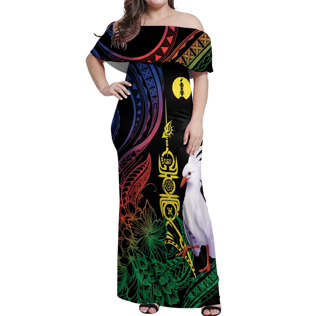 New Caledonia Kanaky Personalized Off Shoulder Maxi Dress Fleche Faitiere Mix Kagu LT7 Women Colorful - Polynesian Pride