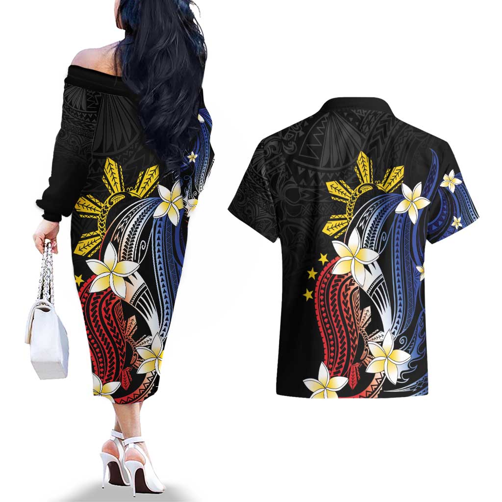 Personalized Philippines Tribal Couples Matching Off The Shoulder Long Sleeve Dress and Hawaiian Shirt Tropical Waves - Plumeria