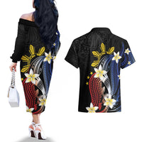 Personalized Philippines Tribal Couples Matching Off The Shoulder Long Sleeve Dress and Hawaiian Shirt Tropical Waves - Plumeria