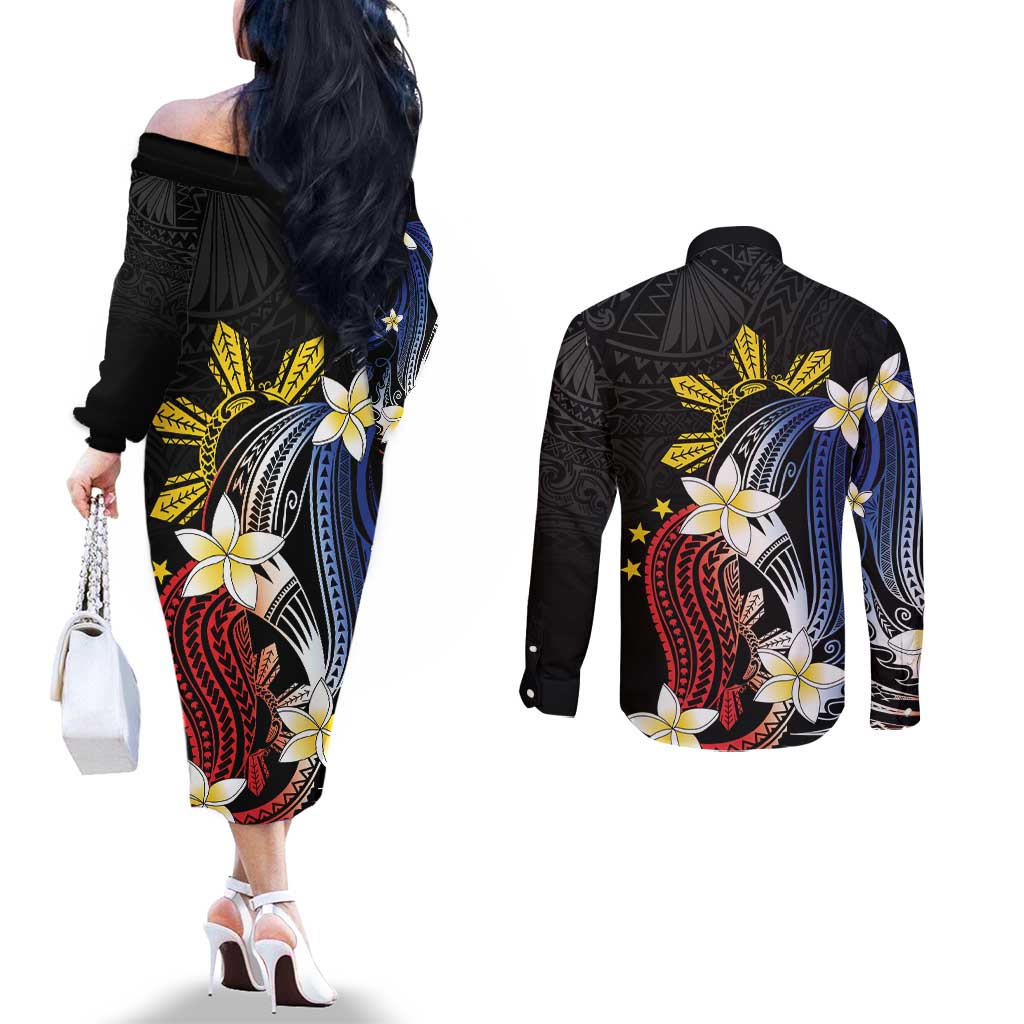 Personalized Philippines Tribal Couples Matching Off The Shoulder Long Sleeve Dress and Long Sleeve Button Shirt Tropical Waves - Plumeria