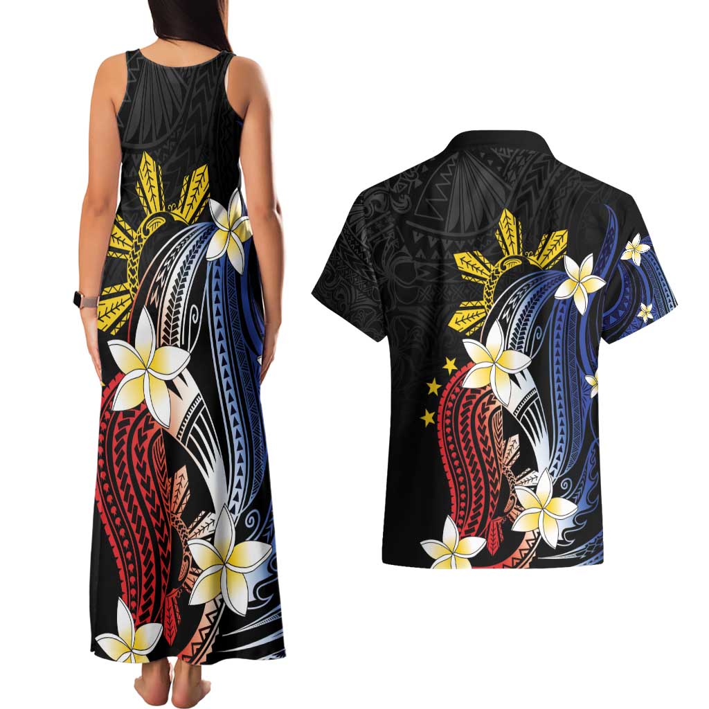 Personalized Philippines Tribal Couples Matching Tank Maxi Dress and Hawaiian Shirt Tropical Waves - Plumeria