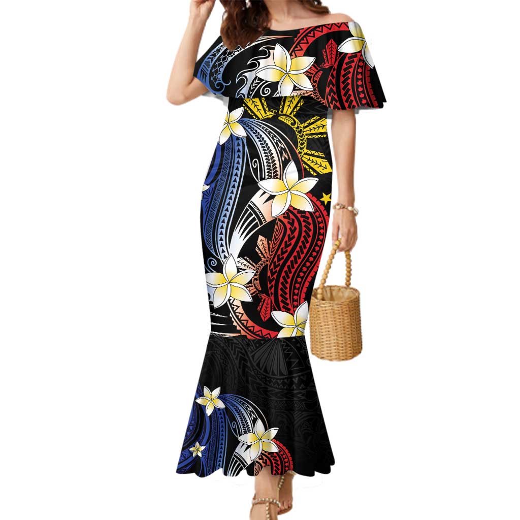 Personalized Philippines Tribal Family Matching Mermaid Dress and Hawaiian Shirt Tropical Waves - Plumeria LT7 Mom's Dress Black - Polynesian Pride