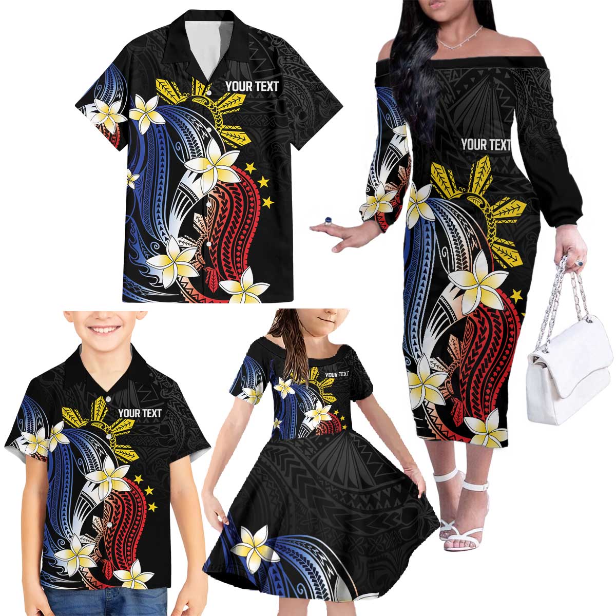 Personalized Philippines Tribal Family Matching Off The Shoulder Long Sleeve Dress and Hawaiian Shirt Tropical Waves - Plumeria LT7 - Polynesian Pride