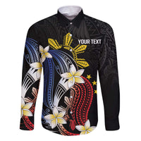 Personalized Philippines Tribal Family Matching Off The Shoulder Long Sleeve Dress and Hawaiian Shirt Tropical Waves - Plumeria LT7 Dad's Shirt - Long Sleeve Black - Polynesian Pride