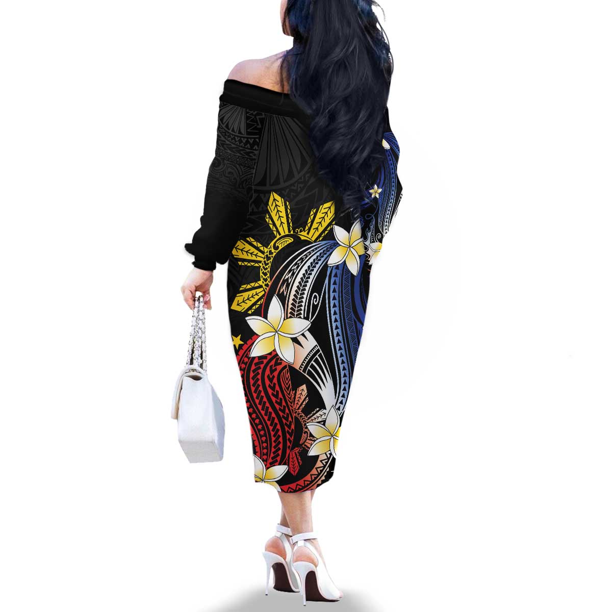 Personalized Philippines Tribal Family Matching Off The Shoulder Long Sleeve Dress and Hawaiian Shirt Tropical Waves - Plumeria LT7 - Polynesian Pride