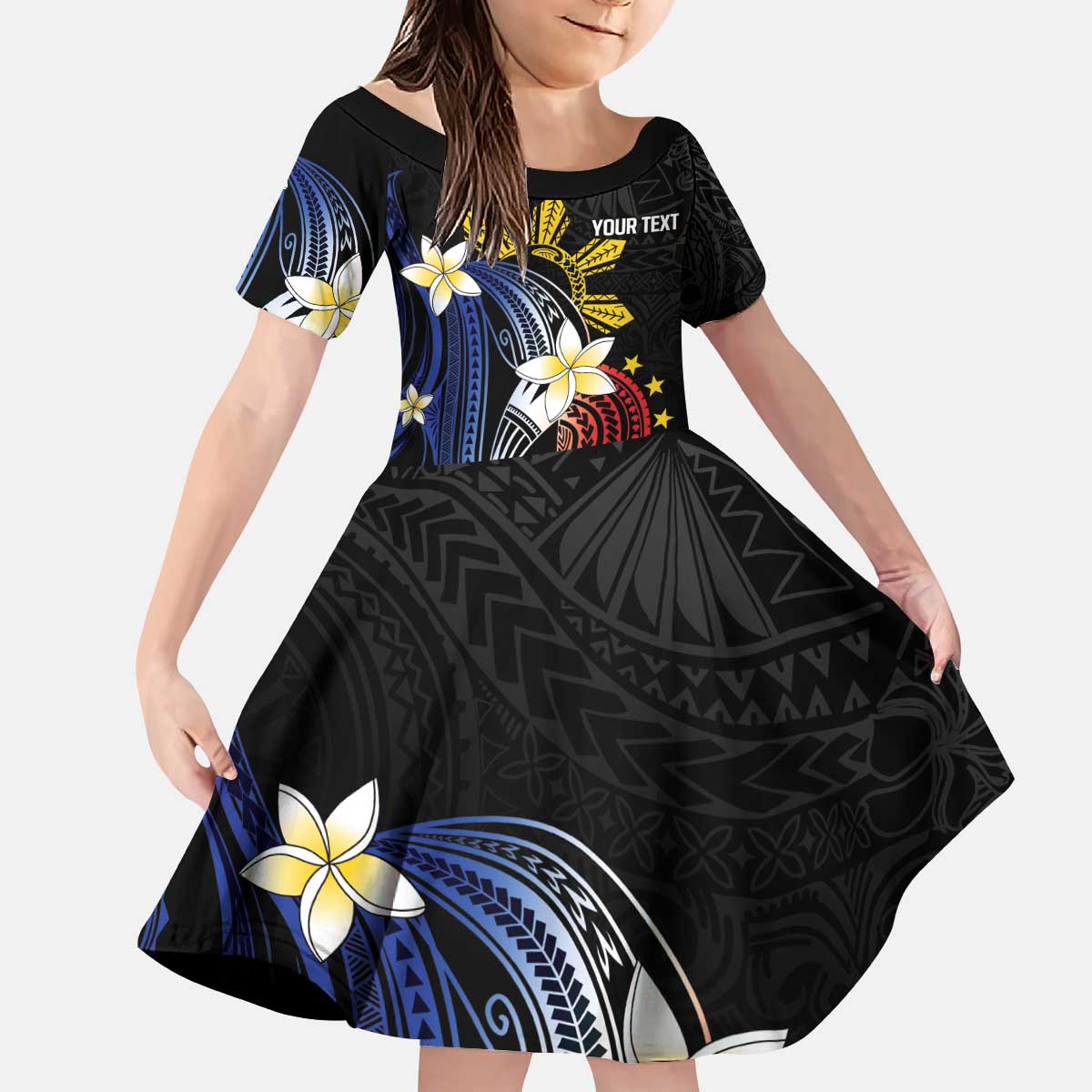 Personalized Philippines Tribal Kid Short Sleeve Dress Tropical Waves - Plumeria