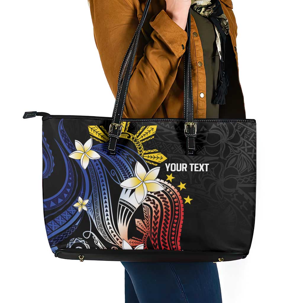 Personalized Philippines Tribal Leather Tote Bag Tropical Waves - Plumeria
