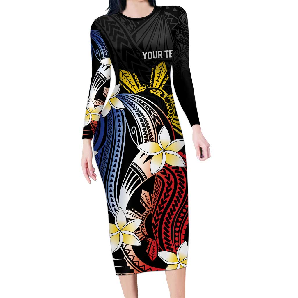 Personalized Philippines Tribal Long Sleeve Bodycon Dress Tropical Waves - Plumeria LT7 Long Dress Black - Polynesian Pride