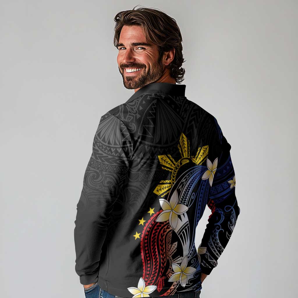 Personalized Philippines Tribal Long Sleeve Polo Shirt Tropical Waves - Plumeria