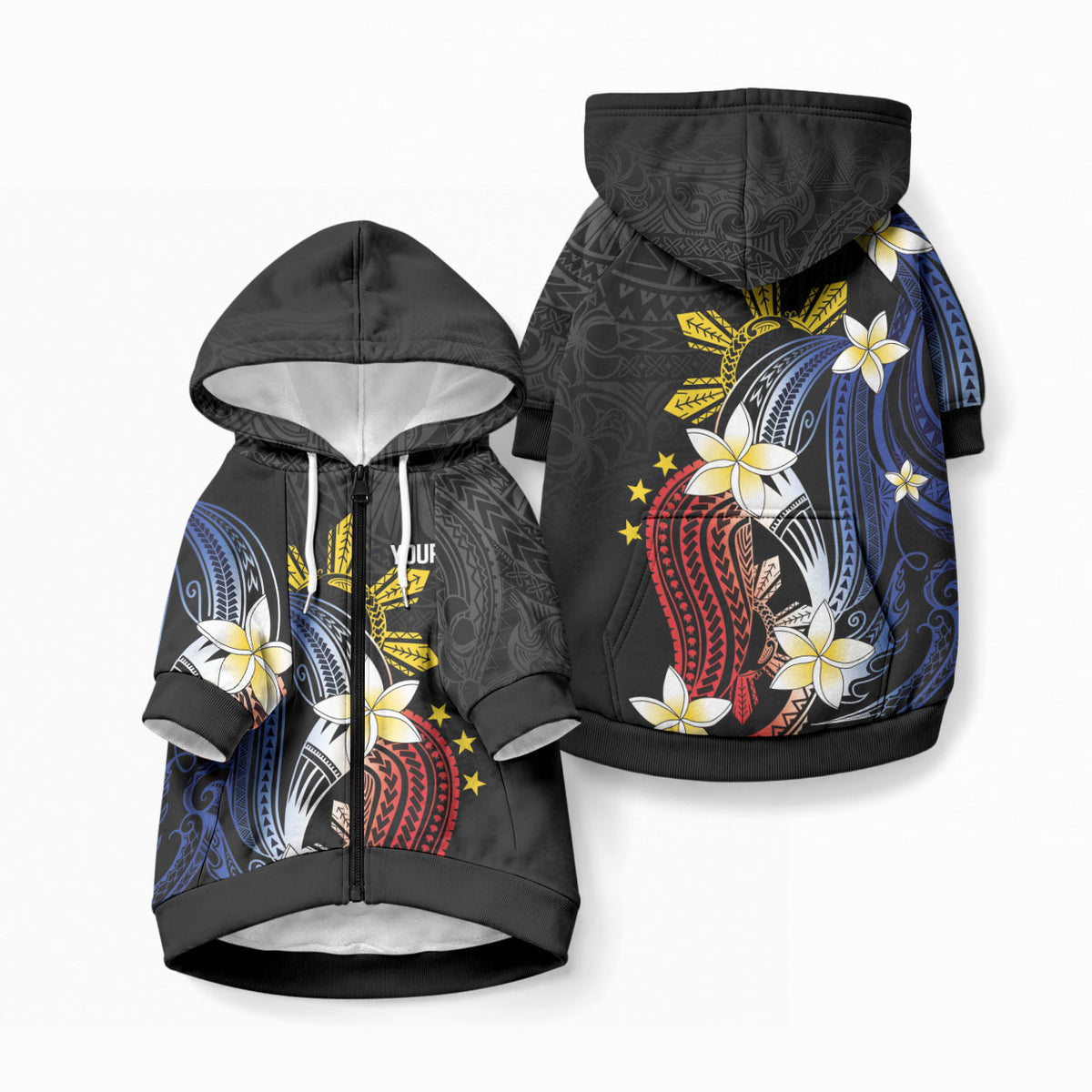 Personalized Philippines Tribal Pet Hoodie Tropical Waves - Plumeria LT7 Zip-up Black - Polynesian Pride
