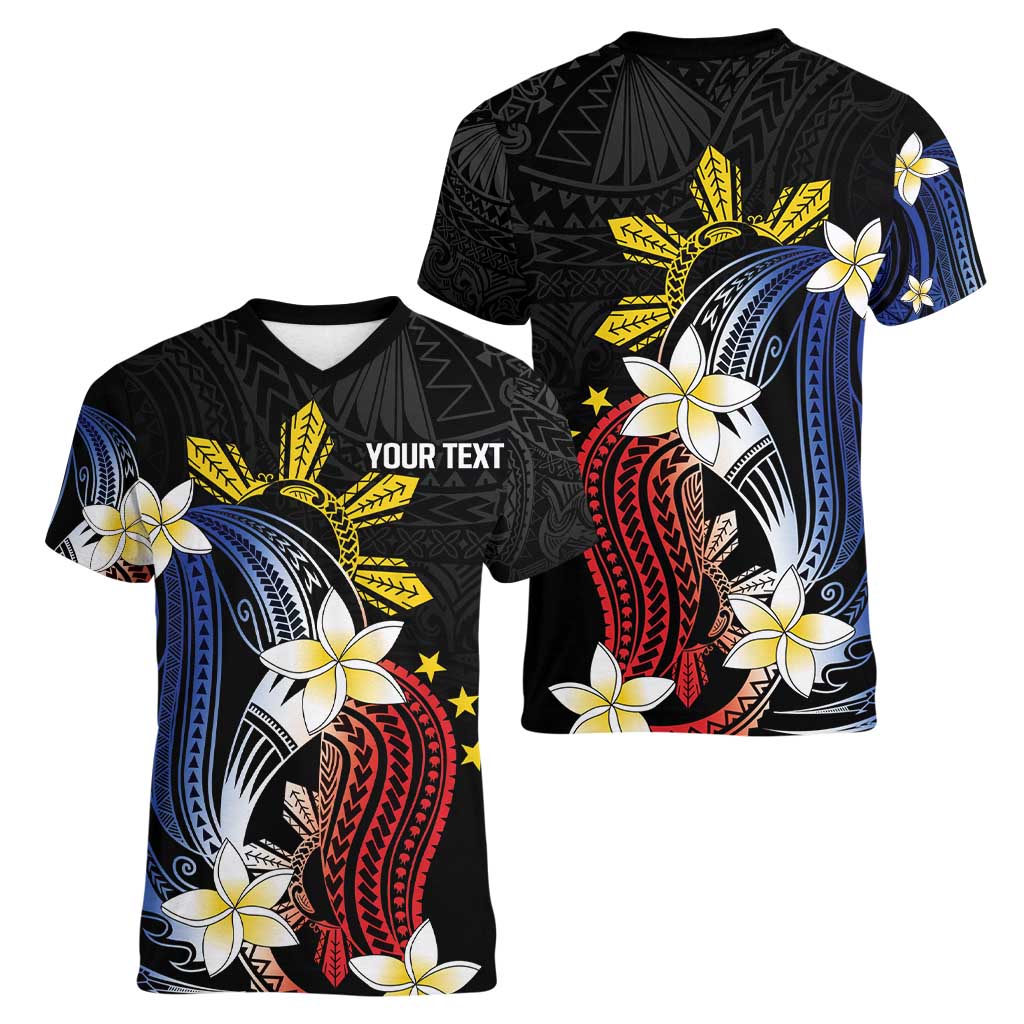 Personalized Philippines Tribal Women V-Neck T-Shirt Tropical Waves - Plumeria