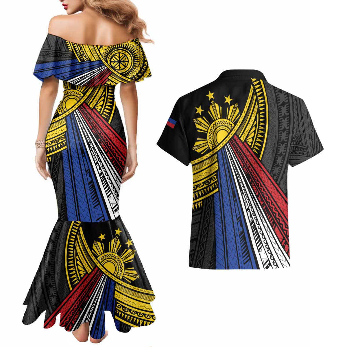 Philippines Sun Couples Matching Mermaid Dress and Hawaiian Shirt Pasifika Tribal Style