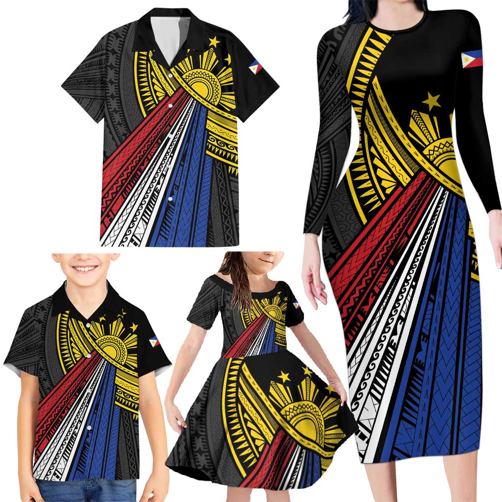 Philippines Sun Family Matching Long Sleeve Bodycon Dress and Hawaiian Shirt Pasifika Tribal Style LT7 - Polynesian Pride