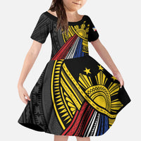 Philippines Sun Family Matching Off The Shoulder Long Sleeve Dress and Hawaiian Shirt Pasifika Tribal Style LT7 Daughter's Dress Black - Polynesian Pride