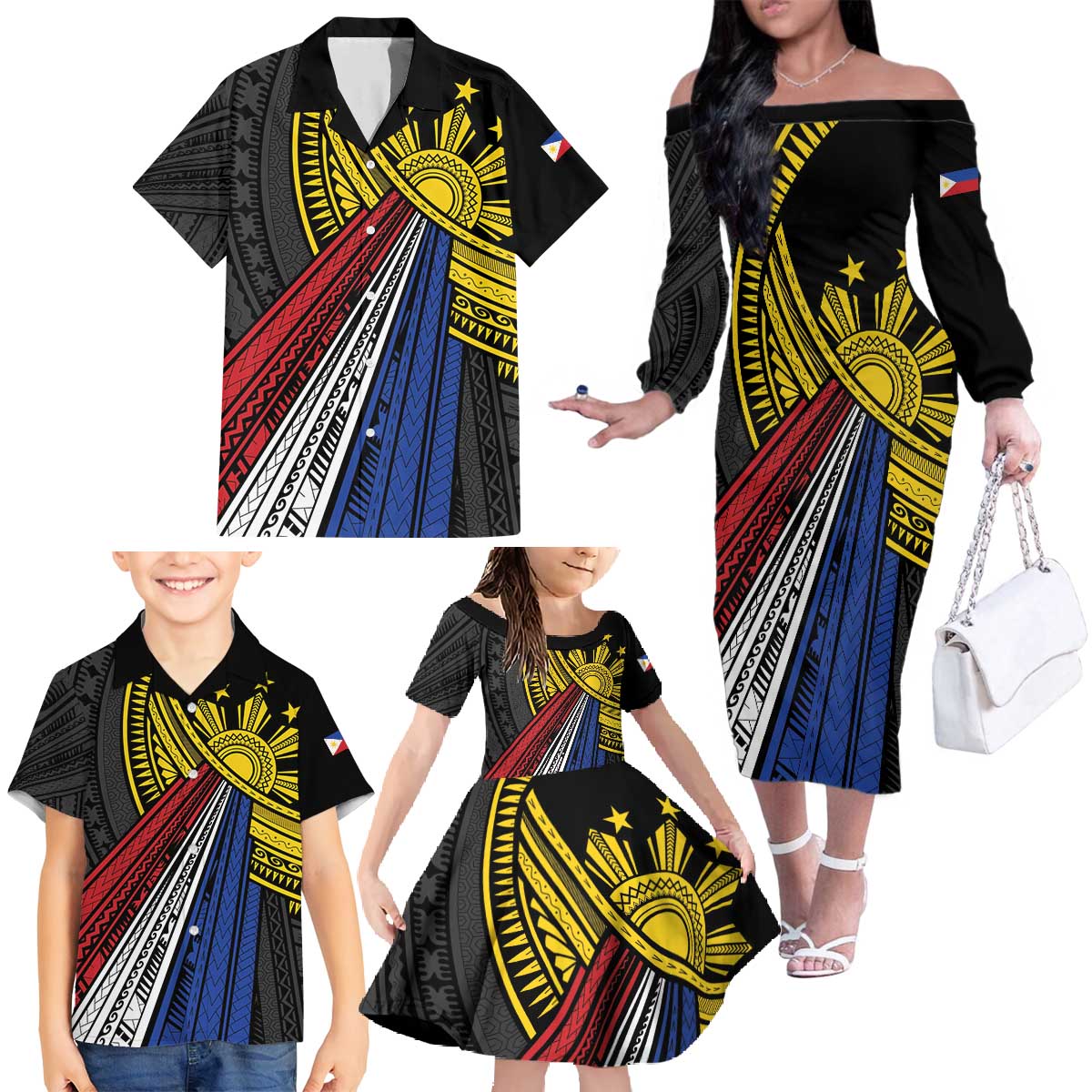 Philippines Sun Family Matching Off The Shoulder Long Sleeve Dress and Hawaiian Shirt Pasifika Tribal Style LT7 - Polynesian Pride