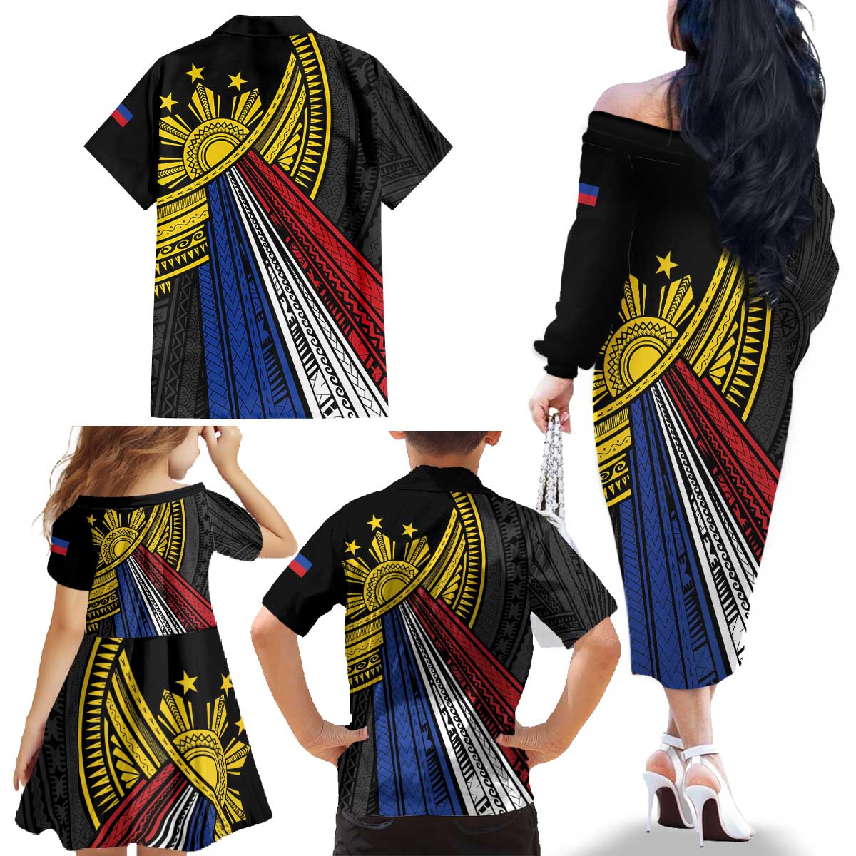 Philippines Sun Family Matching Off The Shoulder Long Sleeve Dress and Hawaiian Shirt Pasifika Tribal Style LT7 - Polynesian Pride