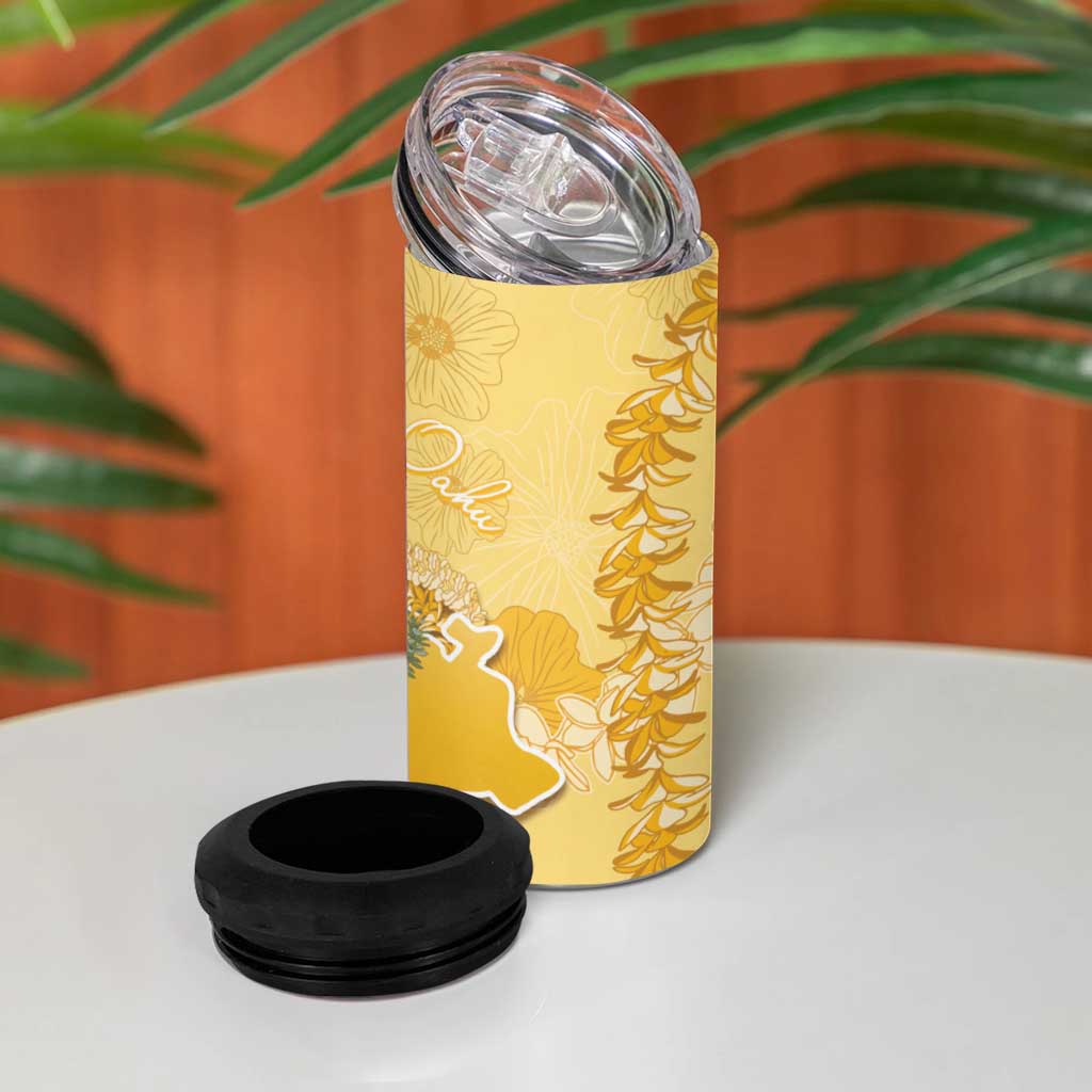 Hawaii Oahu Island Flowers Lei 4 in 1 Can Cooler Tumbler Yellow Ilima Mix Plumeria