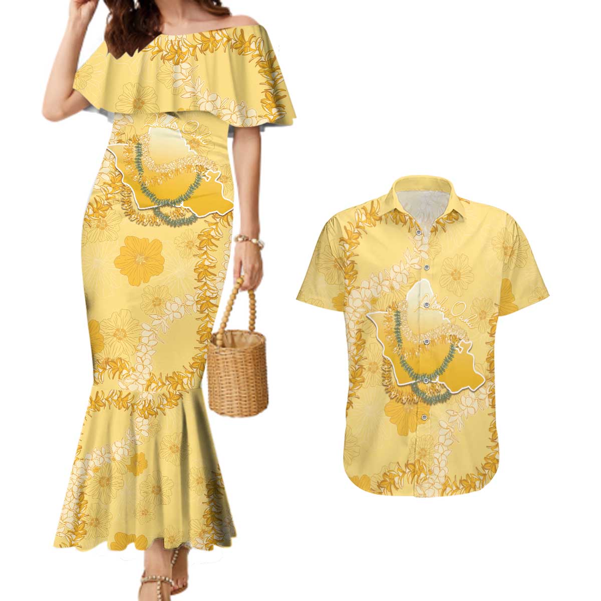 Hawaii Oahu Island Flowers Lei Couples Matching Mermaid Dress and Hawaiian Shirt Yellow Ilima Mix Plumeria LT7 Yellow - Polynesian Pride