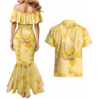 Hawaii Oahu Island Flowers Lei Couples Matching Mermaid Dress and Hawaiian Shirt Yellow Ilima Mix Plumeria LT7 - Polynesian Pride