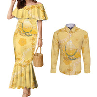 Hawaii Oahu Island Flowers Lei Couples Matching Mermaid Dress and Long Sleeve Button Shirt Yellow Ilima Mix Plumeria LT7 Yellow - Polynesian Pride