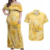 Hawaii Oahu Island Flowers Lei Couples Matching Off Shoulder Maxi Dress and Hawaiian Shirt Yellow Ilima Mix Plumeria LT7 Yellow - Polynesian Pride