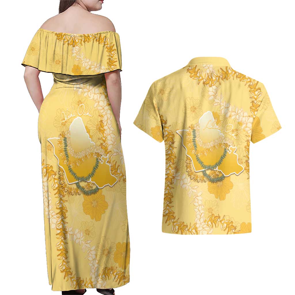 Hawaii Oahu Island Flowers Lei Couples Matching Off Shoulder Maxi Dress and Hawaiian Shirt Yellow Ilima Mix Plumeria LT7 - Polynesian Pride