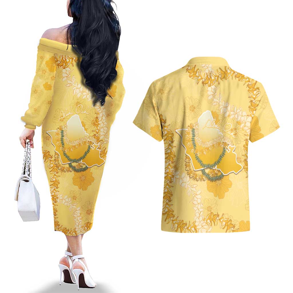 Hawaii Oahu Island Flowers Lei Couples Matching Off The Shoulder Long Sleeve Dress and Hawaiian Shirt Yellow Ilima Mix Plumeria LT7 - Polynesian Pride