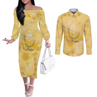 Hawaii Oahu Island Flowers Lei Couples Matching Off The Shoulder Long Sleeve Dress and Long Sleeve Button Shirt Yellow Ilima Mix Plumeria LT7 Yellow - Polynesian Pride