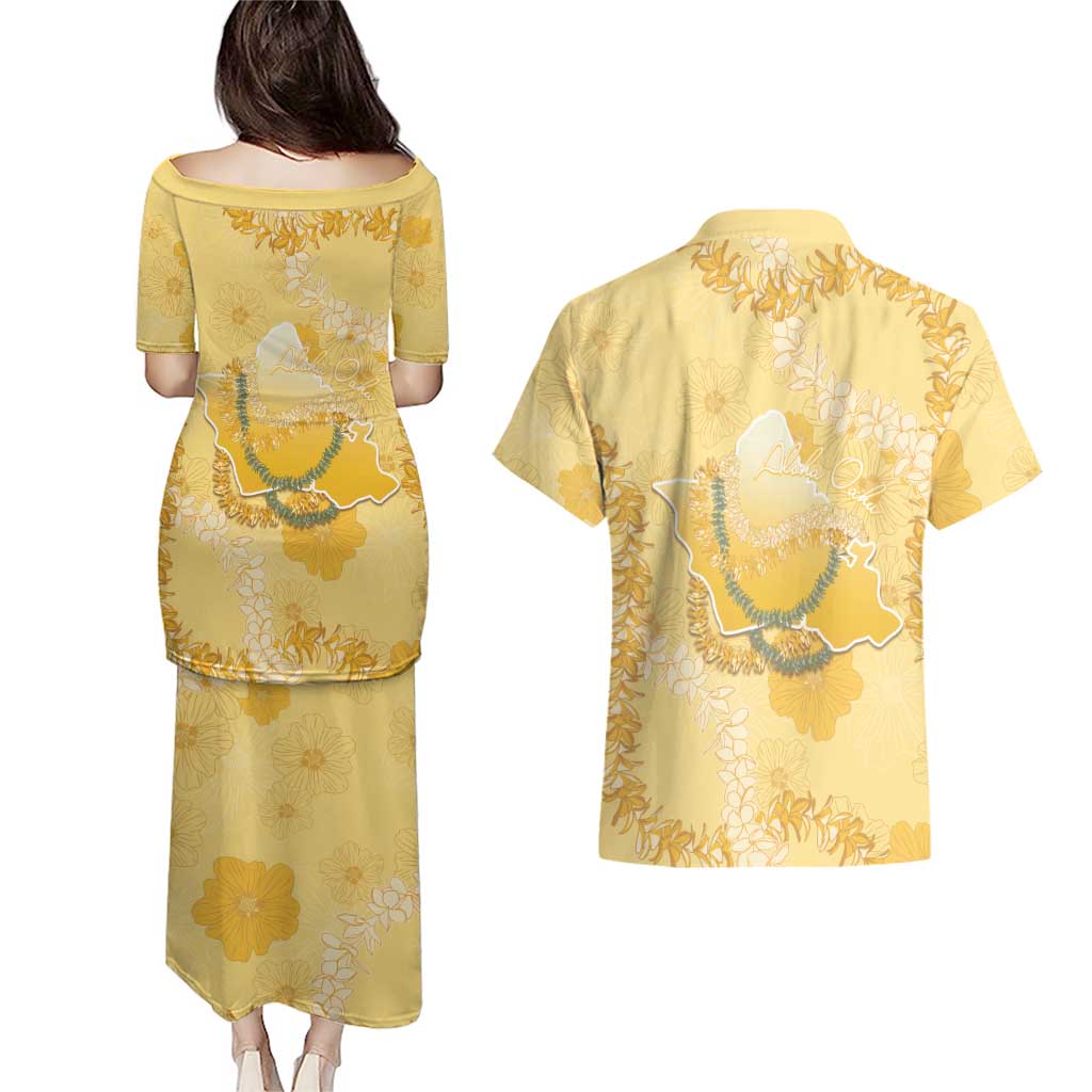Hawaii Oahu Island Flowers Lei Couples Matching Puletasi and Hawaiian Shirt Yellow Ilima Mix Plumeria LT7 - Polynesian Pride