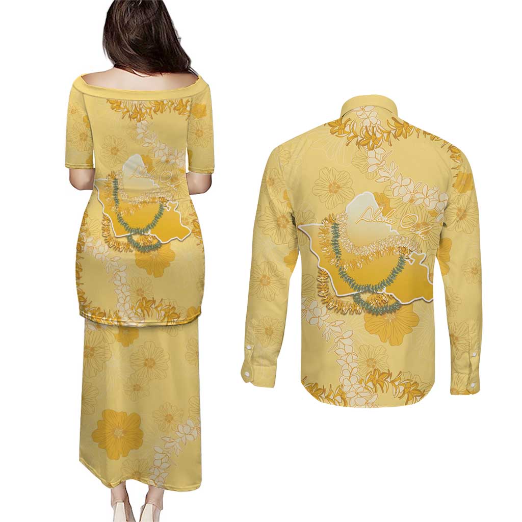Hawaii Oahu Island Flowers Lei Couples Matching Puletasi and Long Sleeve Button Shirt Yellow Ilima Mix Plumeria