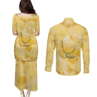 Hawaii Oahu Island Flowers Lei Couples Matching Puletasi and Long Sleeve Button Shirt Yellow Ilima Mix Plumeria
