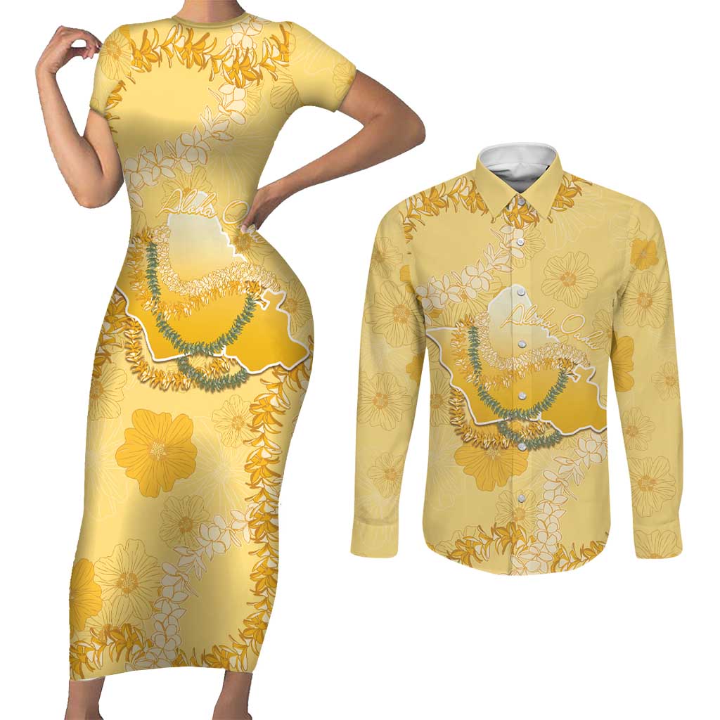 Hawaii Oahu Island Flowers Lei Couples Matching Short Sleeve Bodycon Dress and Long Sleeve Button Shirt Yellow Ilima Mix Plumeria