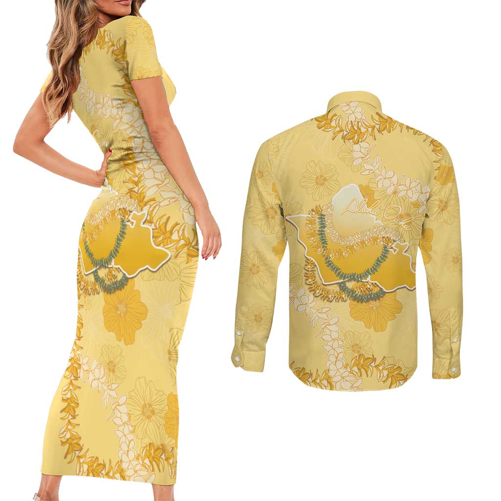 Hawaii Oahu Island Flowers Lei Couples Matching Short Sleeve Bodycon Dress and Long Sleeve Button Shirt Yellow Ilima Mix Plumeria LT7 - Polynesian Pride