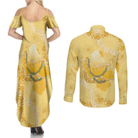 Hawaii Oahu Island Flowers Lei Couples Matching Summer Maxi Dress and Long Sleeve Button Shirt Yellow Ilima Mix Plumeria LT7 - Polynesian Pride