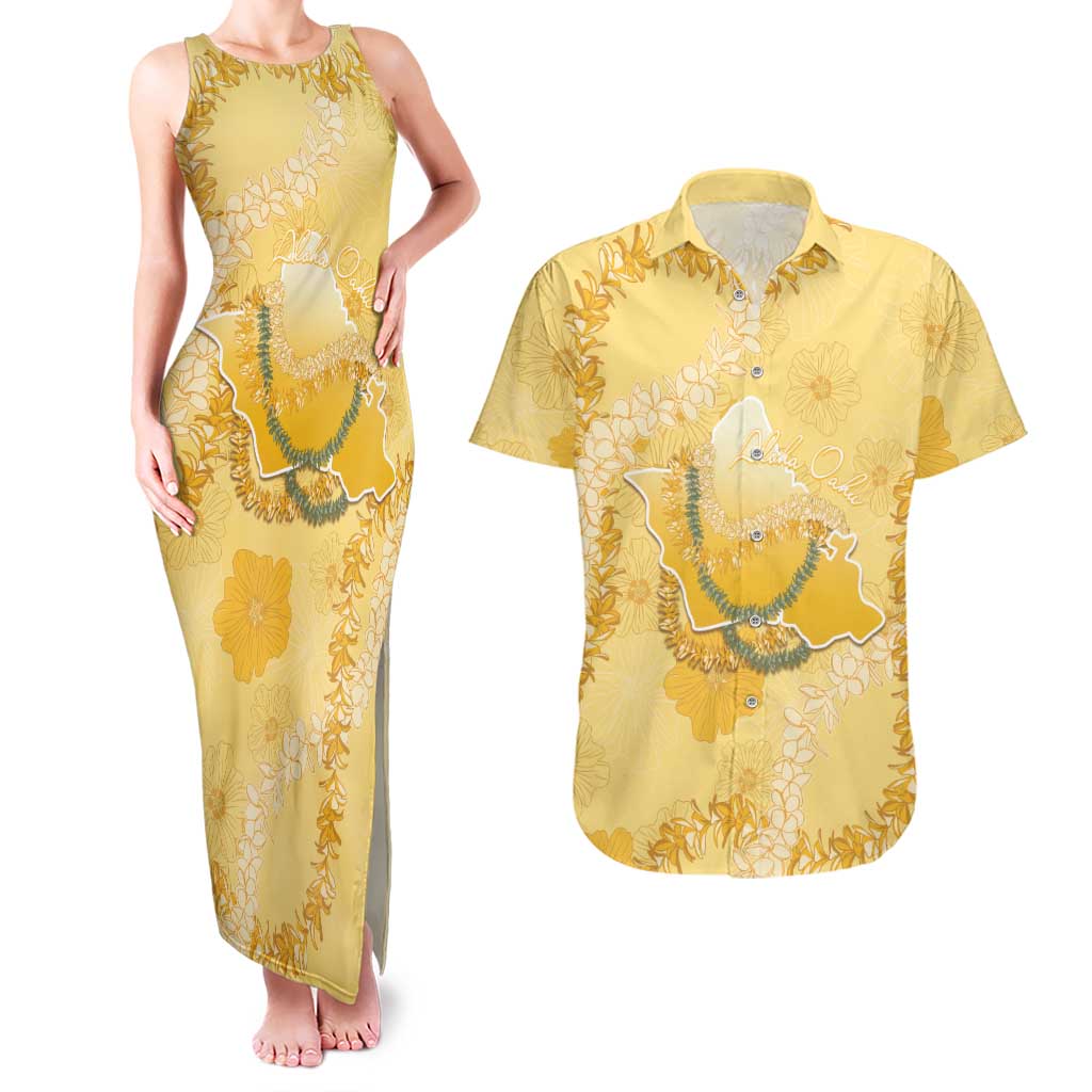 Hawaii Oahu Island Flowers Lei Couples Matching Tank Maxi Dress and Hawaiian Shirt Yellow Ilima Mix Plumeria