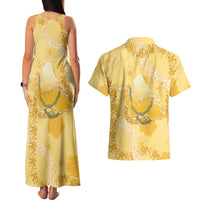 Hawaii Oahu Island Flowers Lei Couples Matching Tank Maxi Dress and Hawaiian Shirt Yellow Ilima Mix Plumeria LT7 - Polynesian Pride