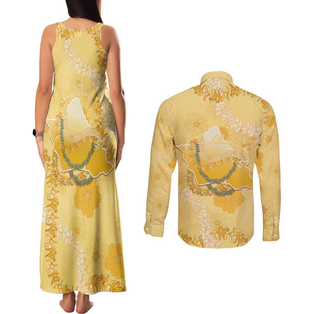 Hawaii Oahu Island Flowers Lei Couples Matching Tank Maxi Dress and Long Sleeve Button Shirt Yellow Ilima Mix Plumeria LT7 - Polynesian Pride