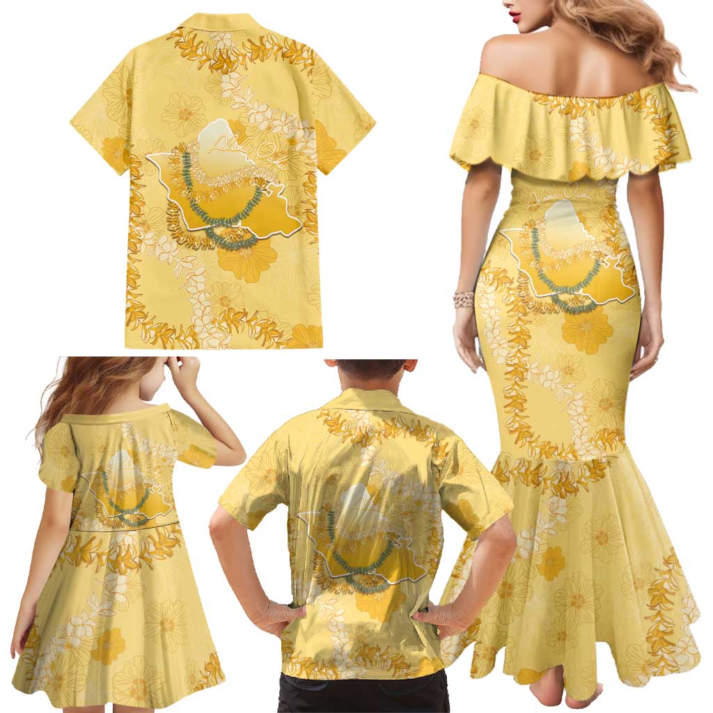 Hawaii Oahu Island Flowers Lei Family Matching Mermaid Dress and Hawaiian Shirt Yellow Ilima Mix Plumeria LT7 - Polynesian Pride