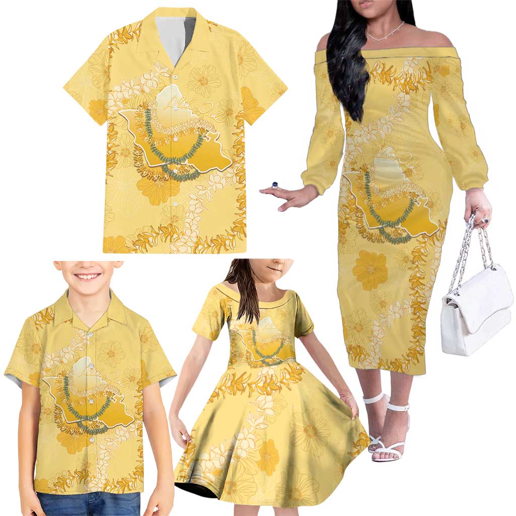 Hawaii Oahu Island Flowers Lei Family Matching Off The Shoulder Long Sleeve Dress and Hawaiian Shirt Yellow Ilima Mix Plumeria LT7 - Polynesian Pride