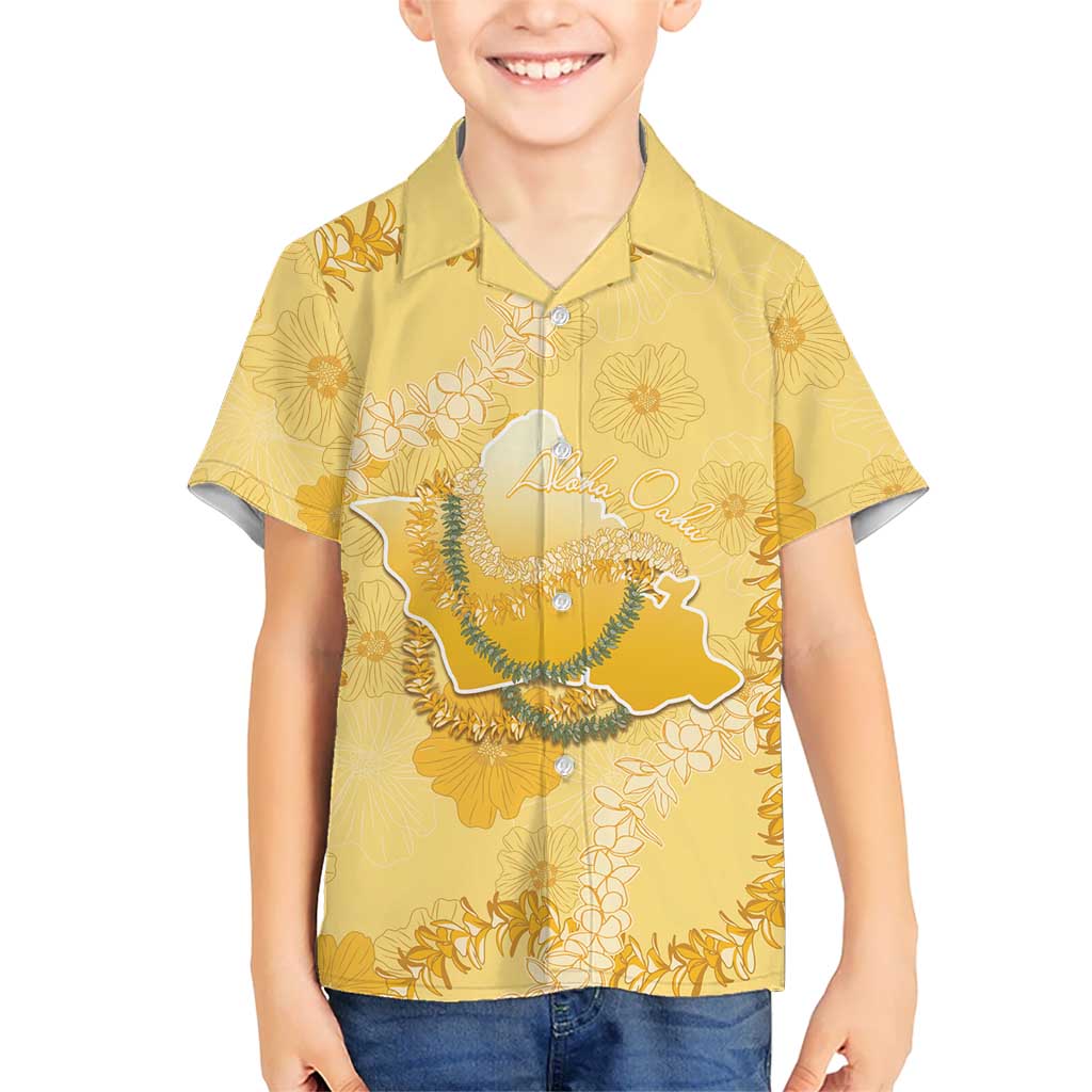Hawaii Oahu Island Flowers Lei Family Matching Off The Shoulder Long Sleeve Dress and Hawaiian Shirt Yellow Ilima Mix Plumeria LT7 Son's Shirt Yellow - Polynesian Pride