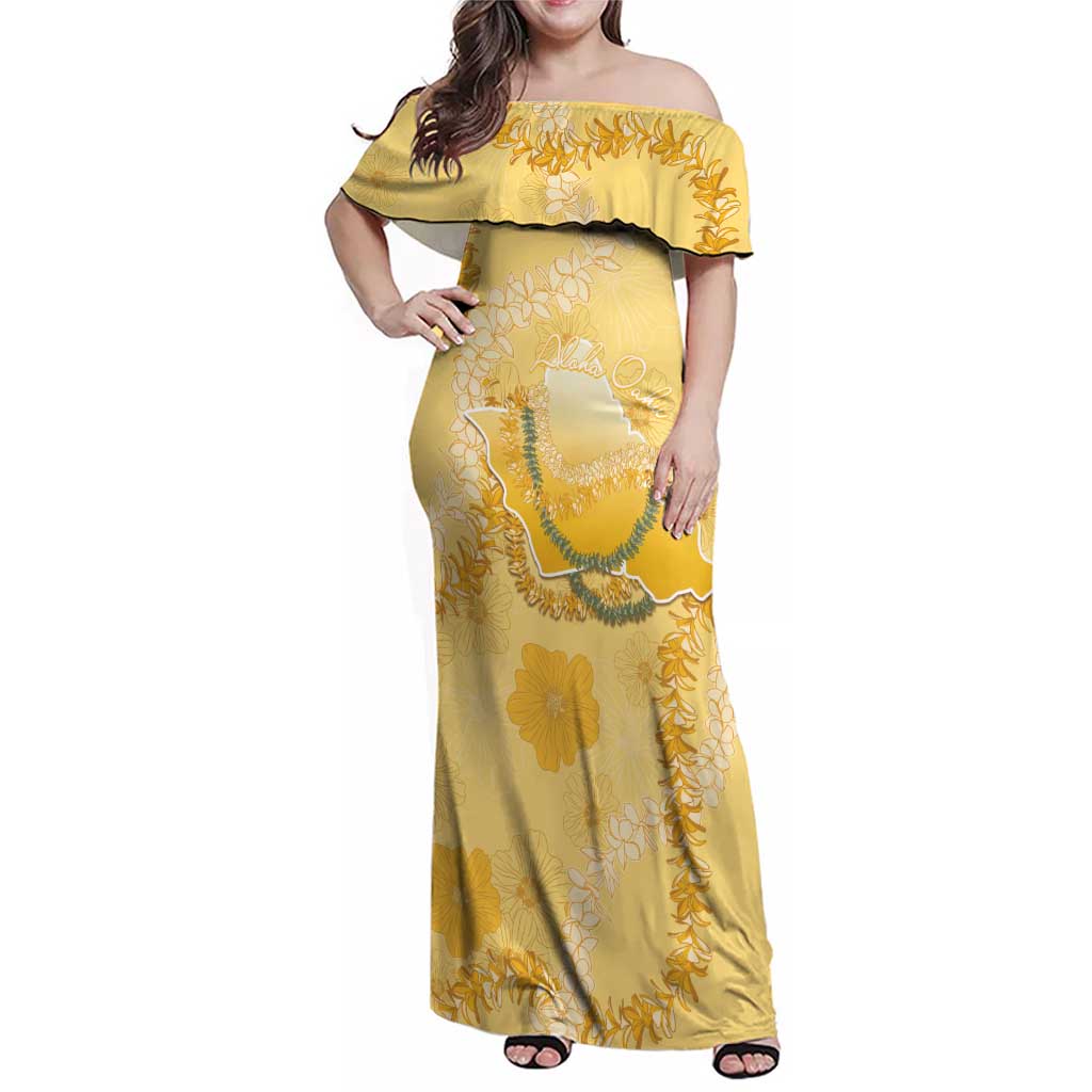 Hawaii Oahu Island Flowers Lei Family Matching Off Shoulder Maxi Dress and Hawaiian Shirt Yellow Ilima Mix Plumeria LT7 Mom's Dress Yellow - Polynesian Pride