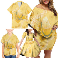 Hawaii Oahu Island Flowers Lei Family Matching Off Shoulder Short Dress and Hawaiian Shirt Yellow Ilima Mix Plumeria LT7 - Polynesian Pride