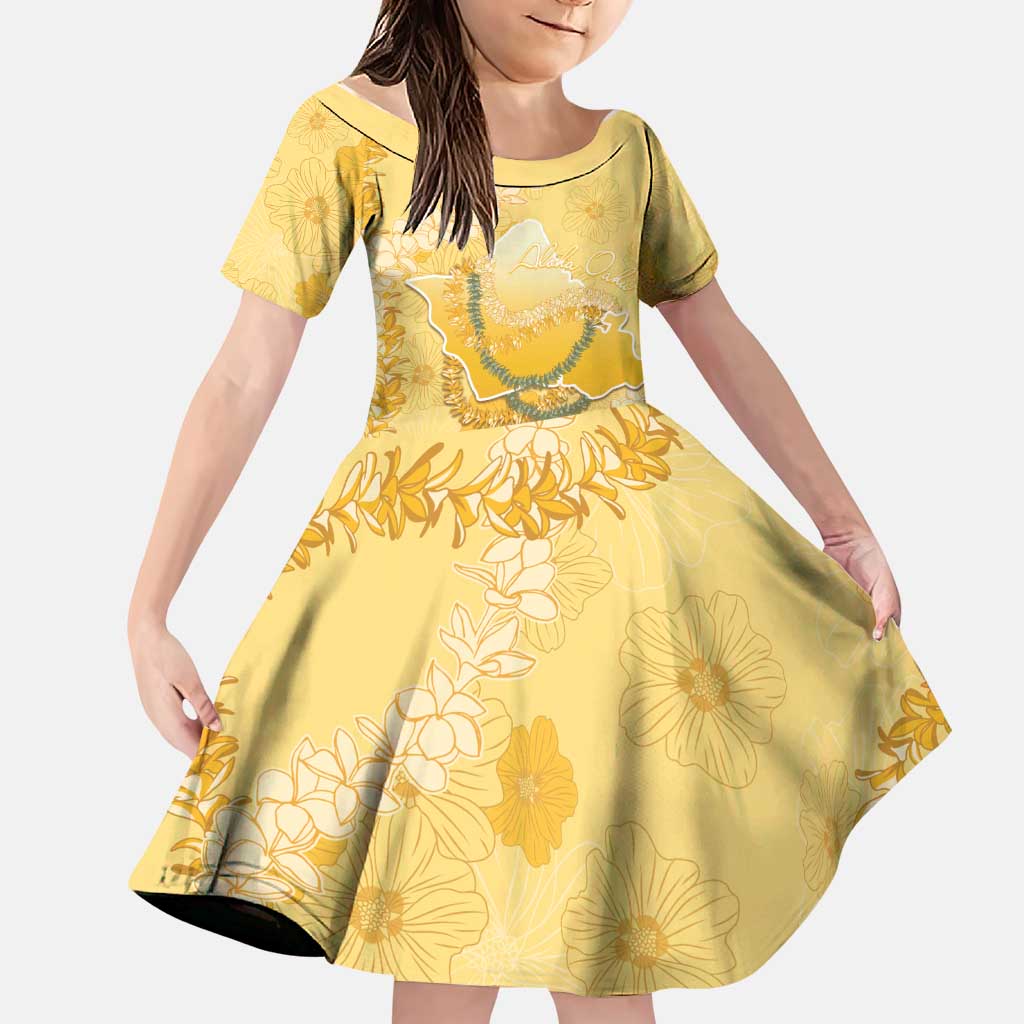 Hawaii Oahu Island Flowers Lei Family Matching Puletasi and Hawaiian Shirt Yellow Ilima Mix Plumeria LT7 Daughter's Dress Yellow - Polynesian Pride